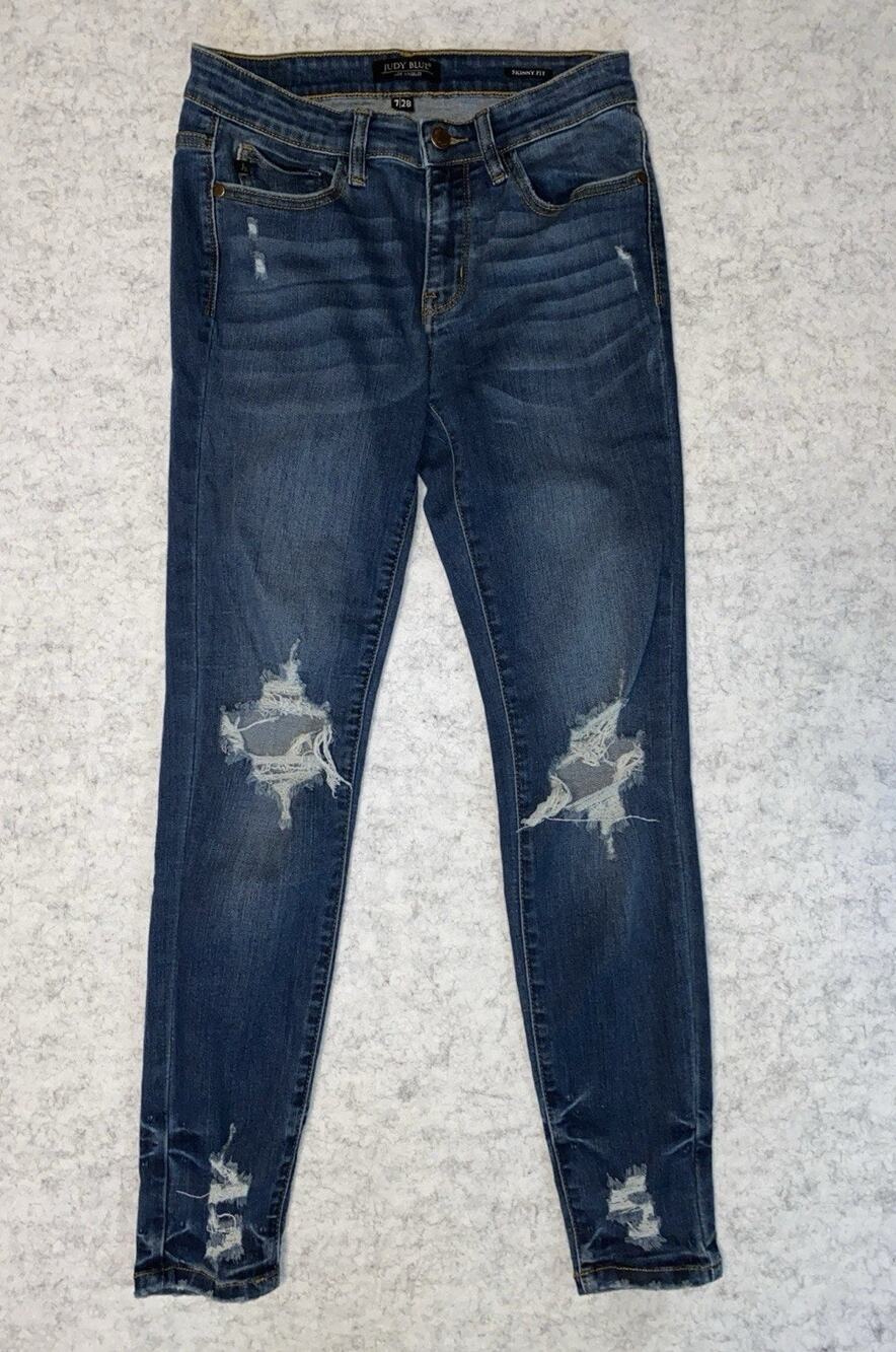Judy Blue Womens 7/28 Medium Wash Blue Jeans Skinny Fit Distressed